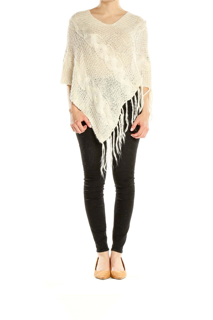 White Cable-Knit Poncho Sweater