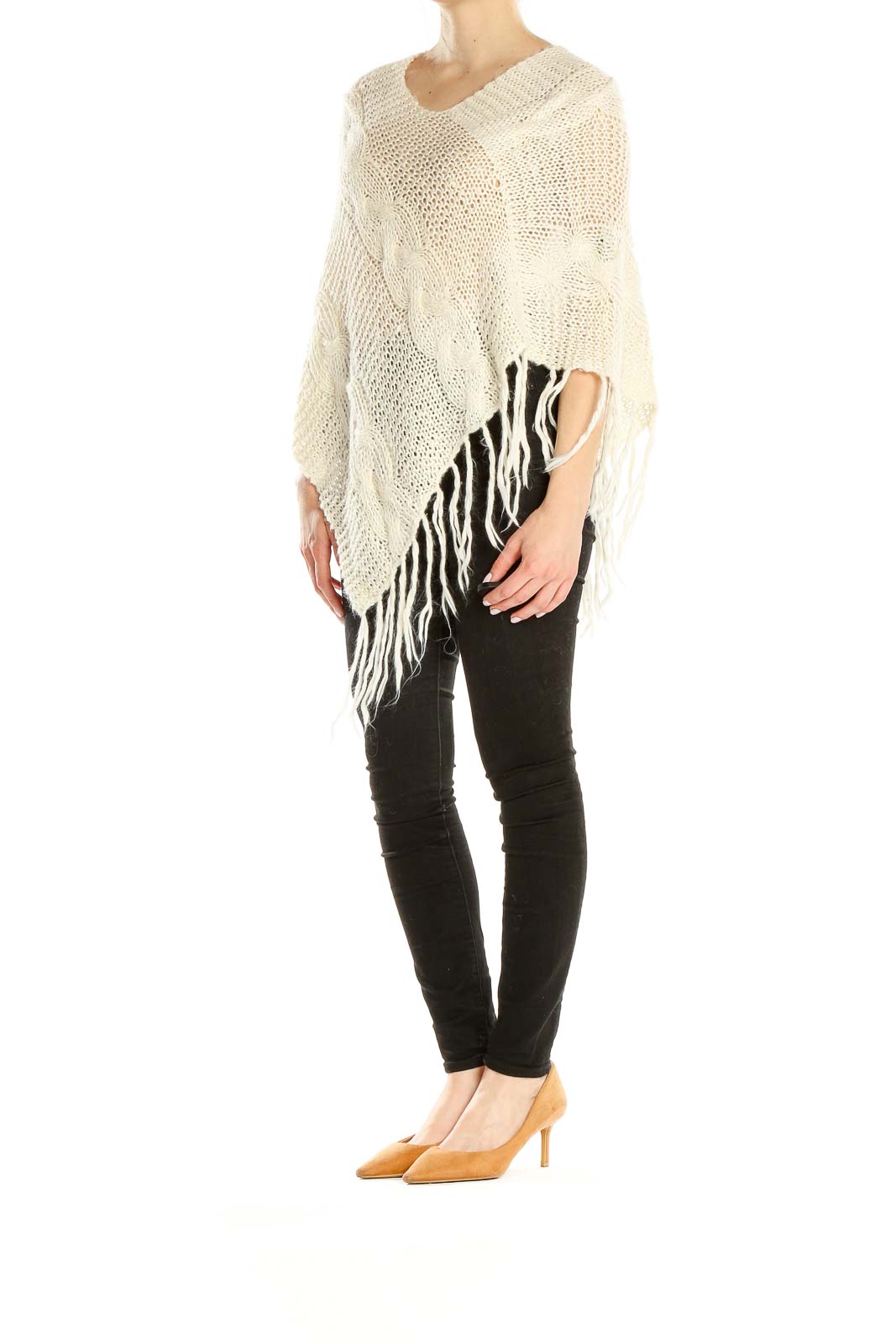 White Cable-Knit Poncho Sweater