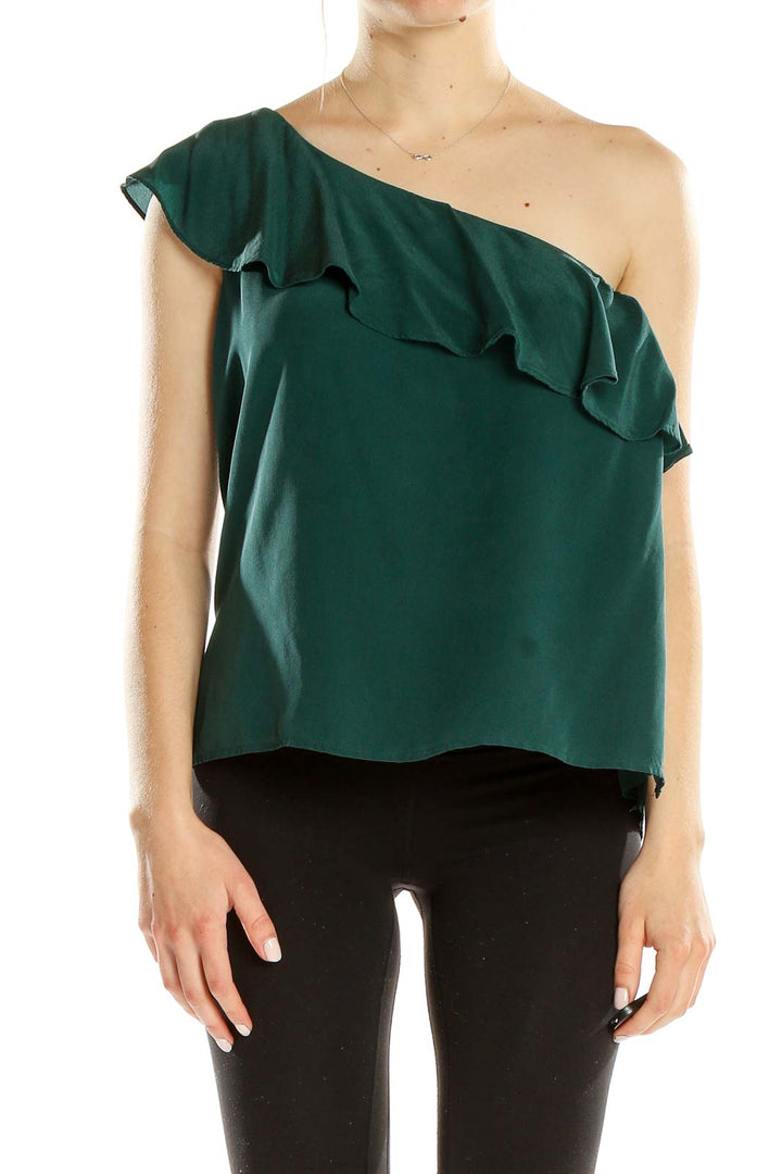 Green One Shoulder Ruffle Silk Blouse