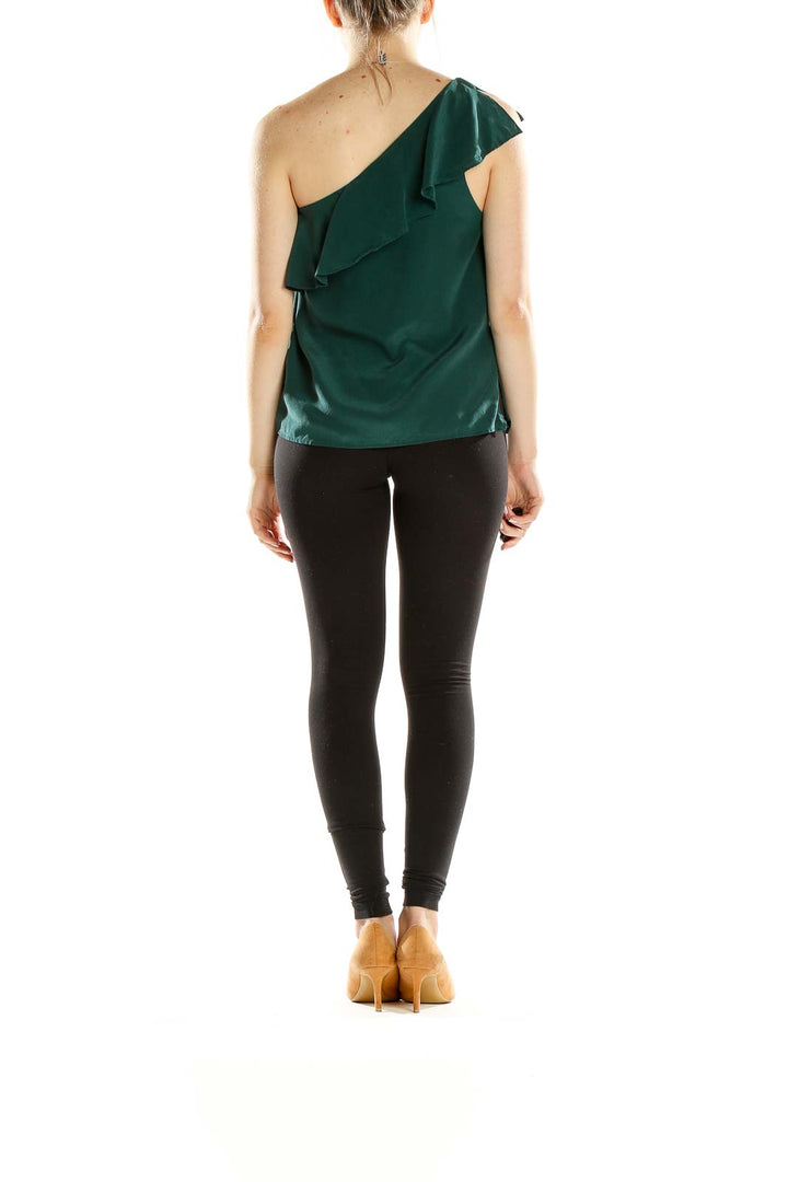 Green One Shoulder Ruffle Silk Blouse