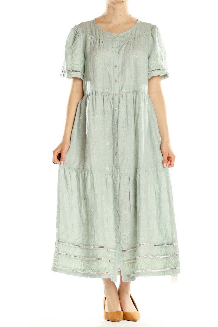 Green Embroidered Bohemian Tiered Column Dress