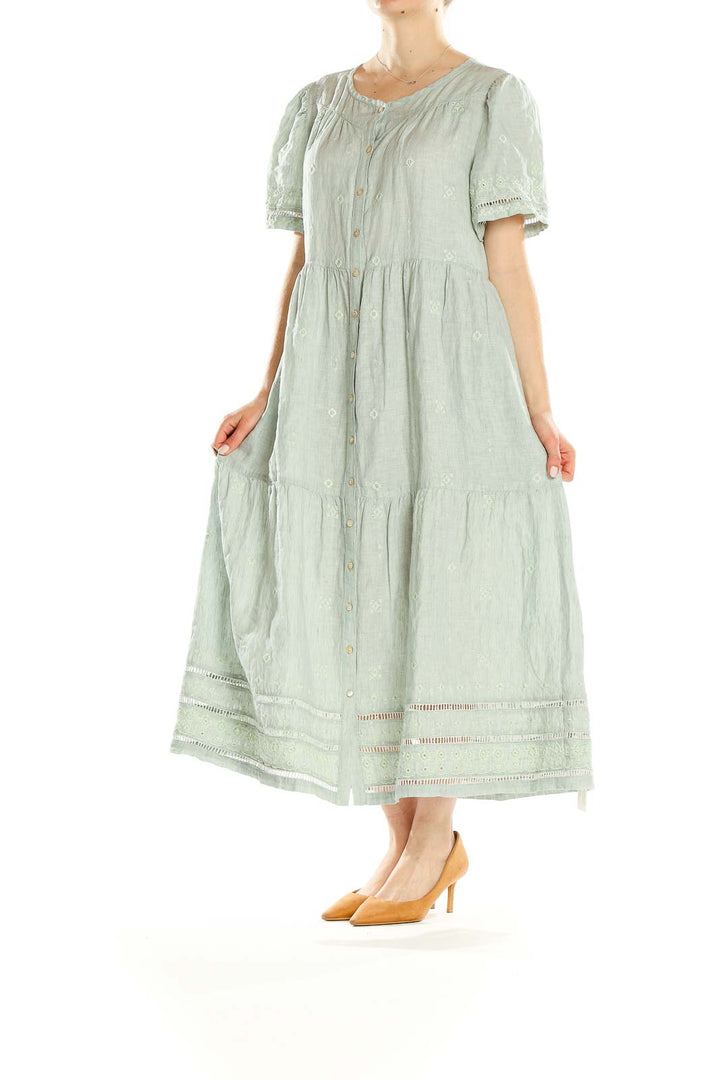 Green Embroidered Bohemian Tiered Column Dress