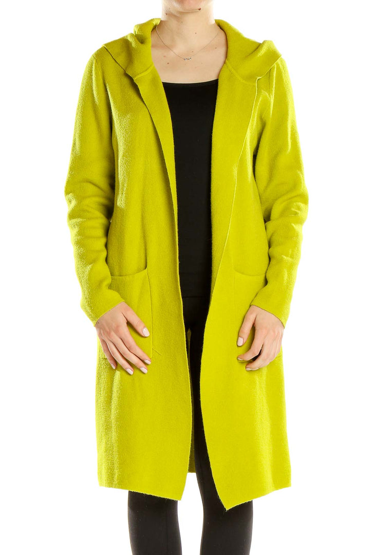 Front view of lime green hooded long cardigan from SilkRoll