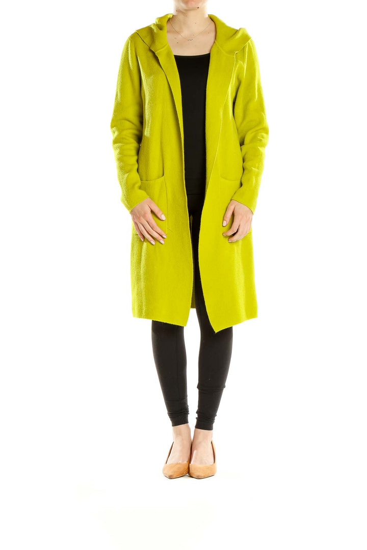 Front view of lime green hooded long cardigan from SilkRoll