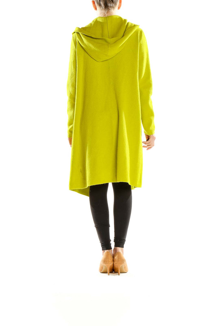 Side view of model wearing lime green hooded long cardigan from SilkRoll