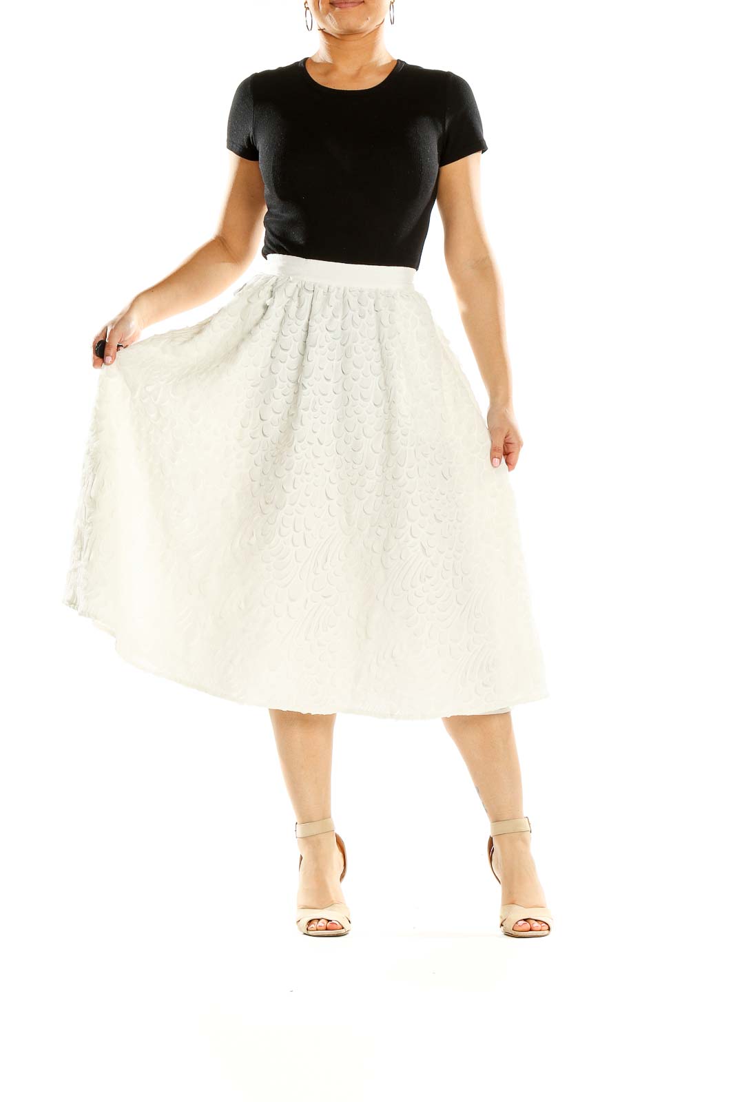 White Textured Chic Flared Skirt