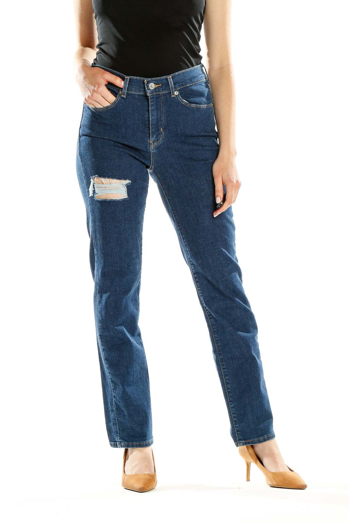 Blue Distressed Straight Leg Jeans