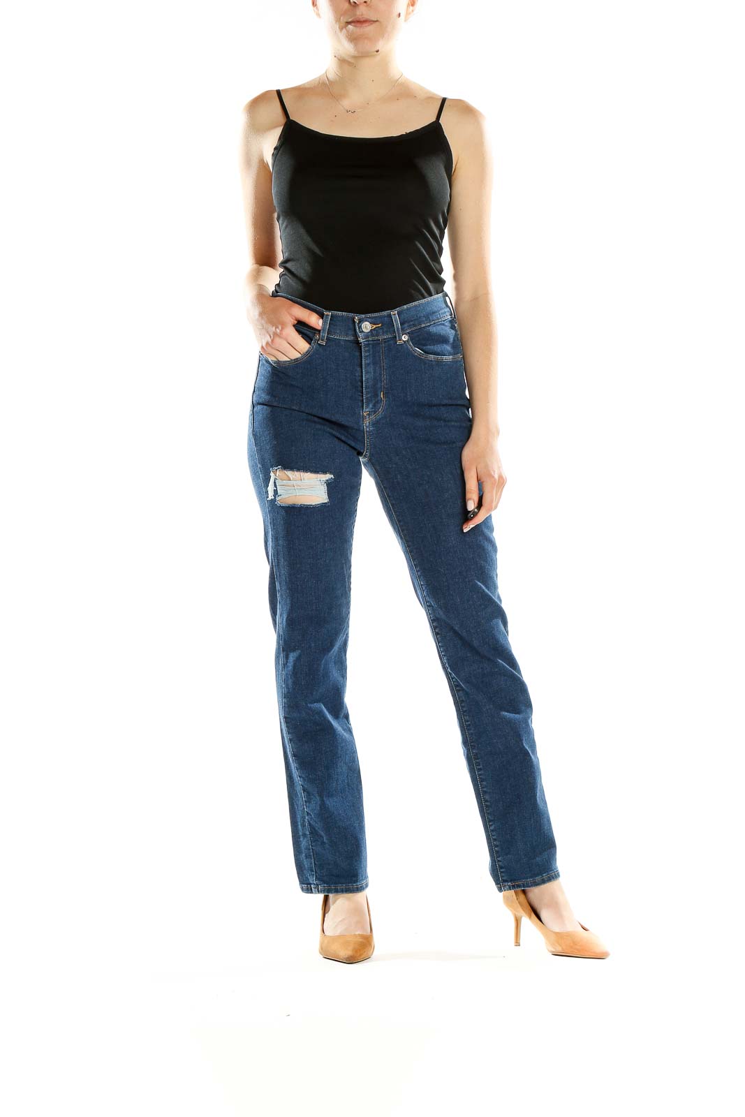 Blue Distressed Straight Leg Jeans