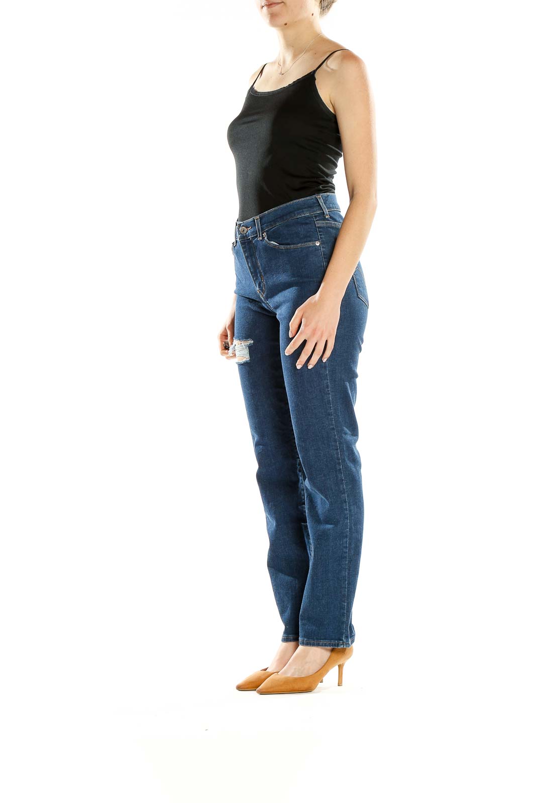 Blue Distressed Straight Leg Jeans