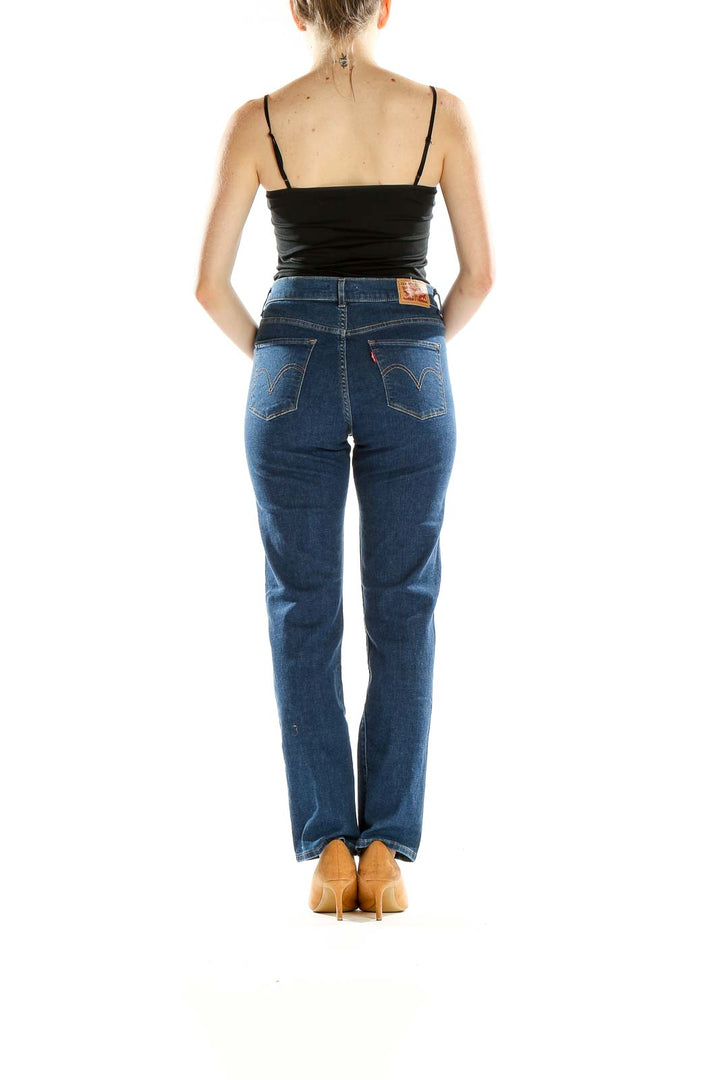 Blue Distressed Straight Leg Jeans