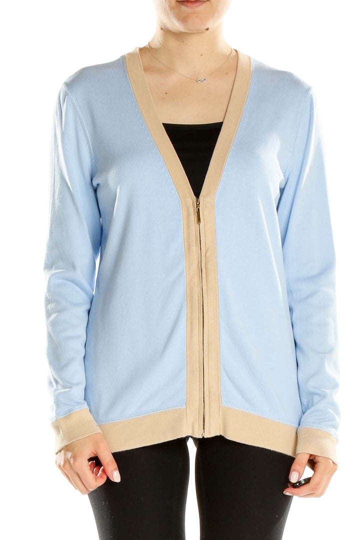 Blue Woven Zip Up Cardigan