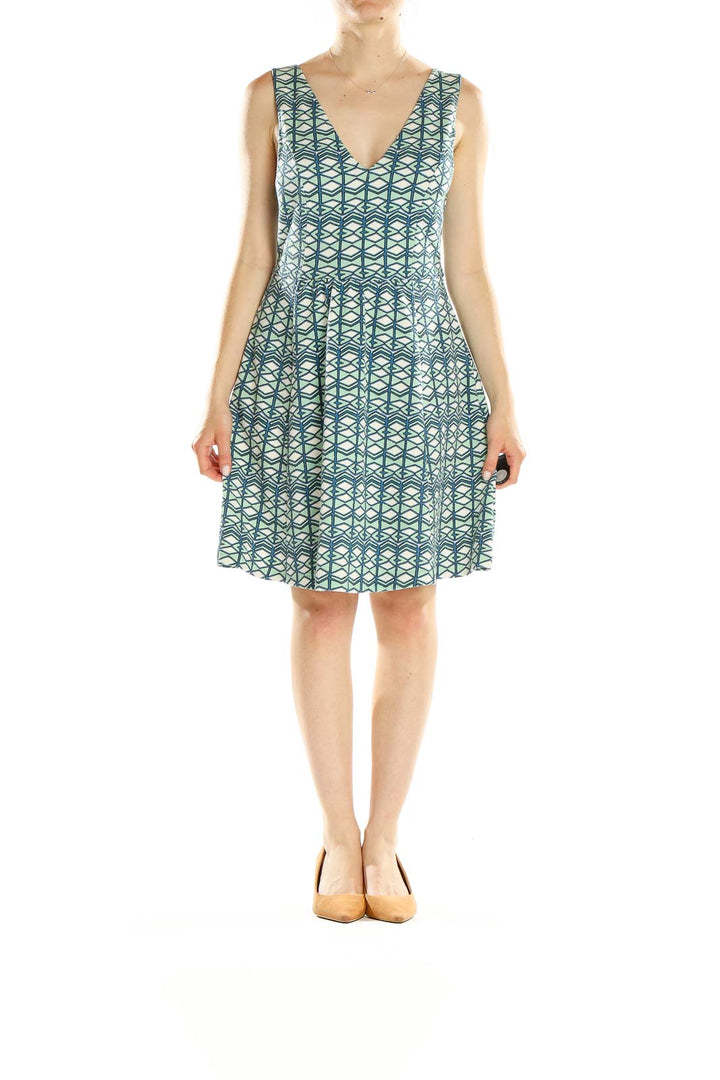 Green Blue Printed Classic Fit & Flare Dress