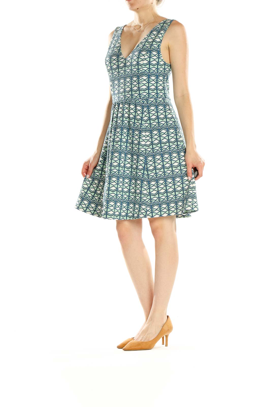 Green Blue Printed Classic Fit & Flare Dress