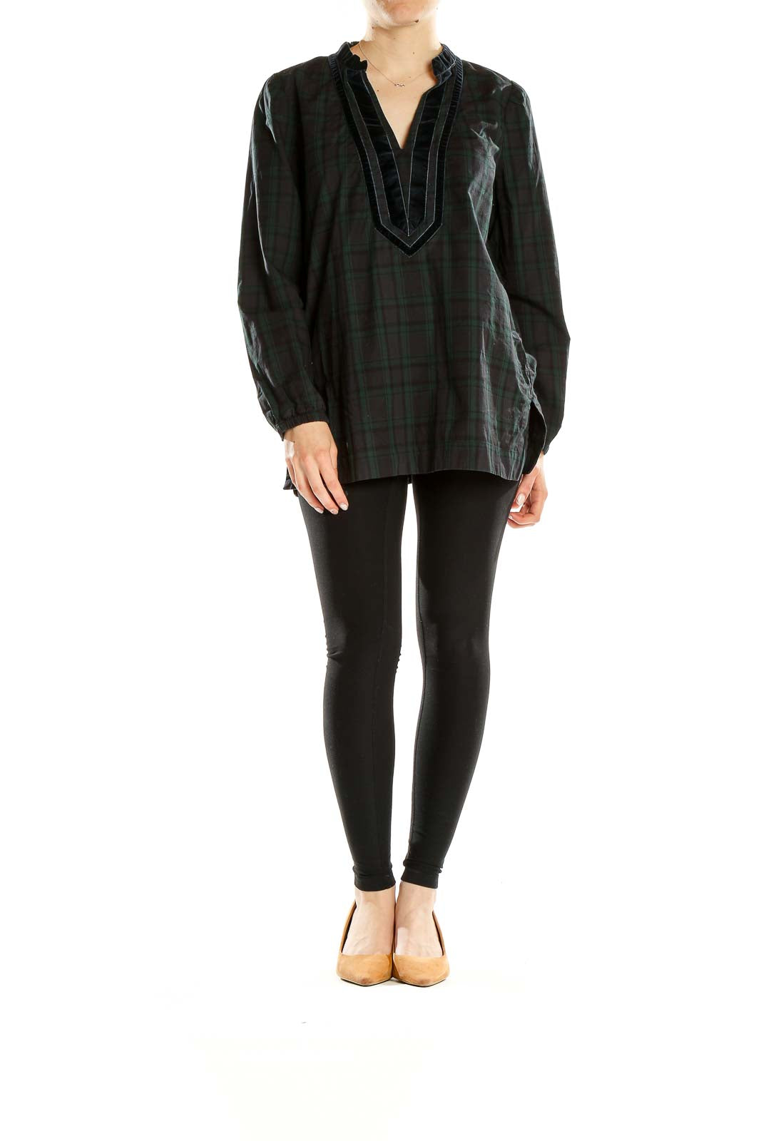 Front view of J.Crew green plaid tunic top with velvet-trimmed V-neck