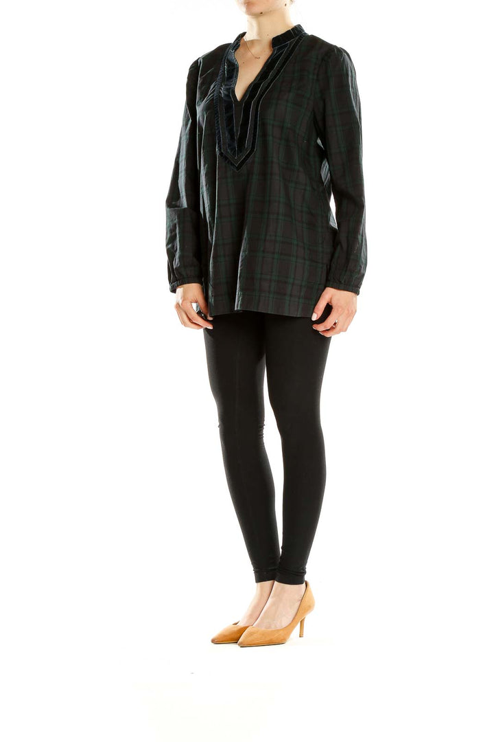 Front view of J.Crew green plaid tunic top with velvet-trimmed V-neck