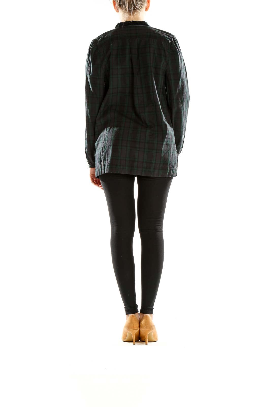 Side view of J.Crew green plaid tunic top showing relaxed fit