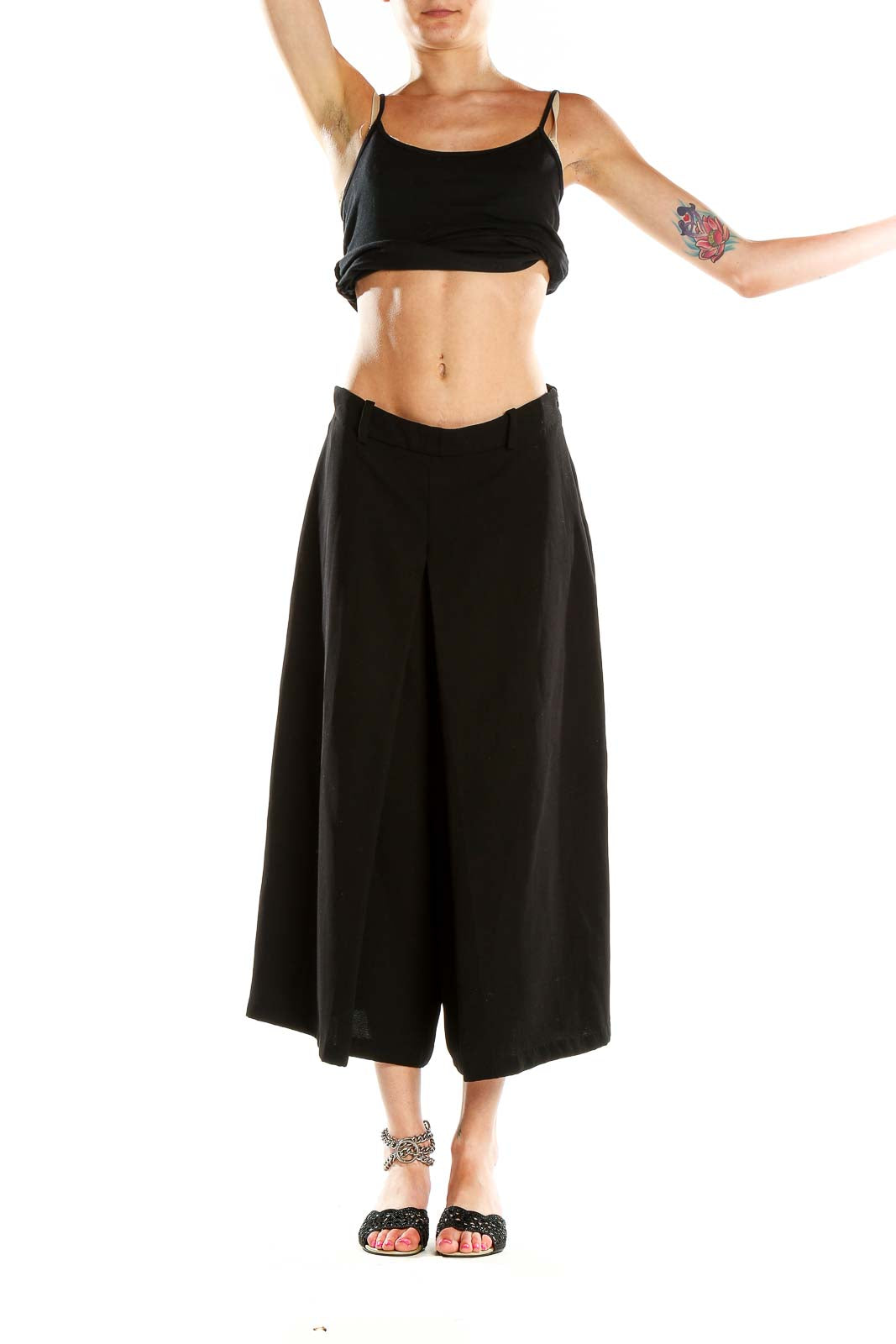 Black Solid Casual Culottes Pants