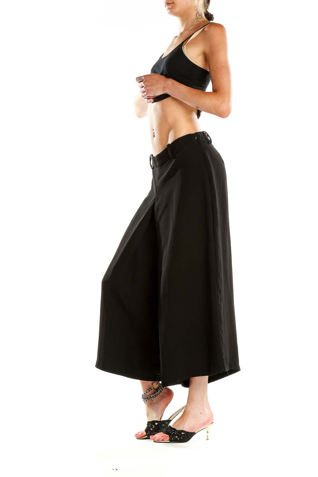 Black Solid Casual Culottes Pants