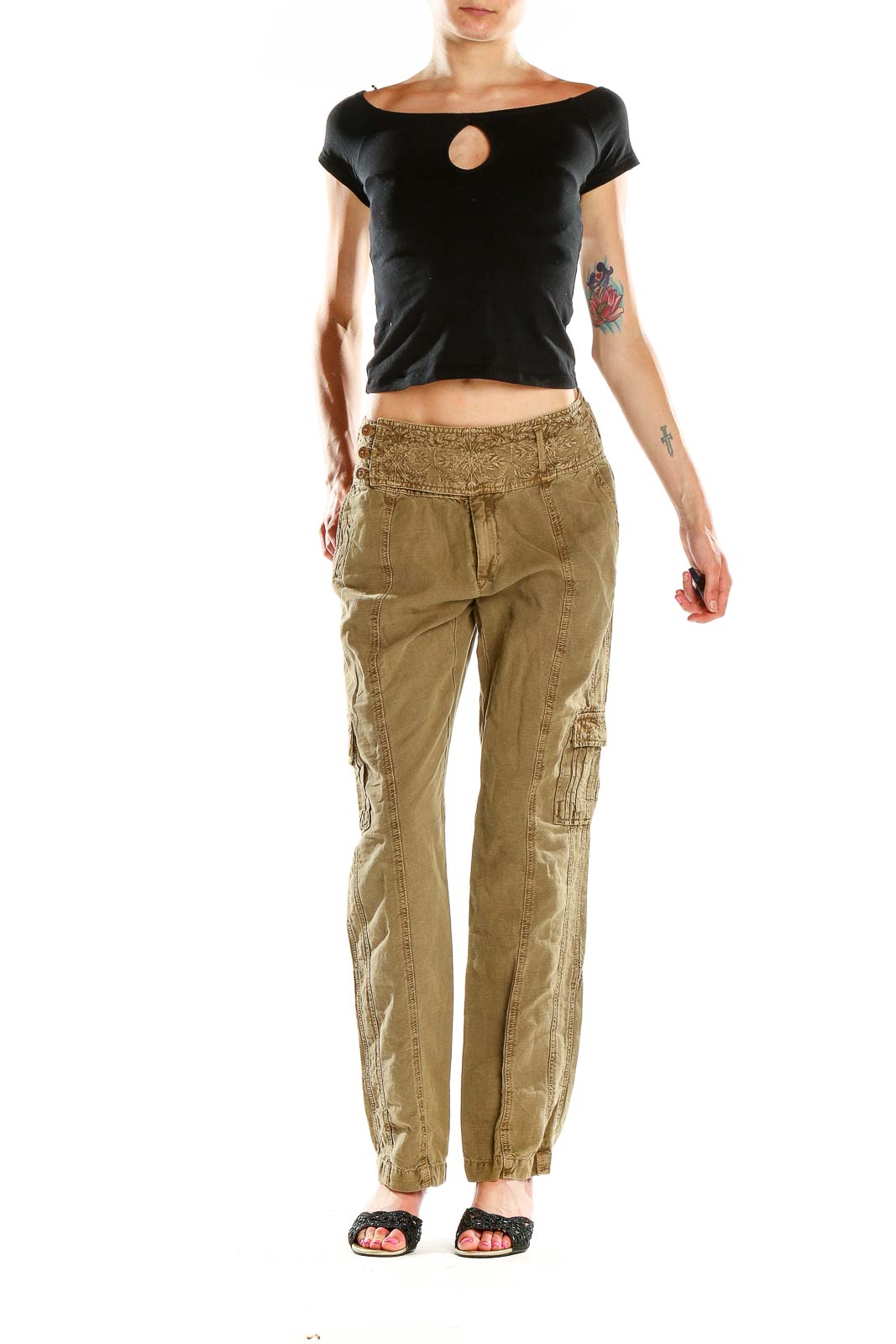 Green Embroidered Casual Pants