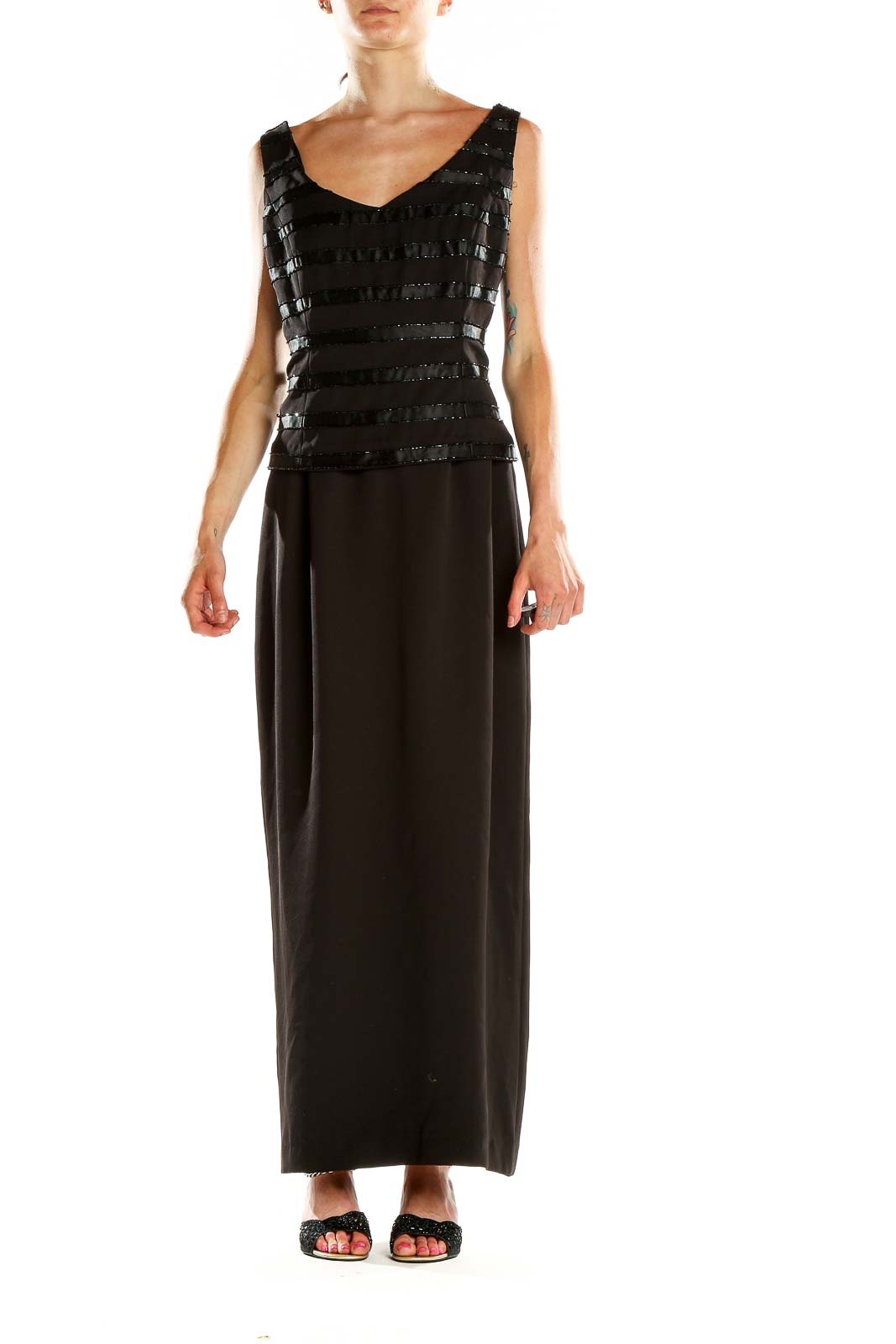 Marie St. Claire Black Sequined Striped Evening Gown - Formal Elegance SilkRoll Marie St. Claire Black Sequined Striped Evening Gown - Formal Elegance SilkRoll