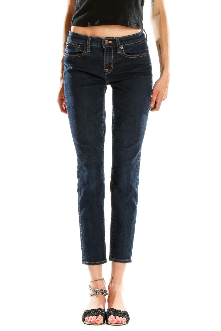 Front view of J.Crew dark blue slim fit cropped jeans on model