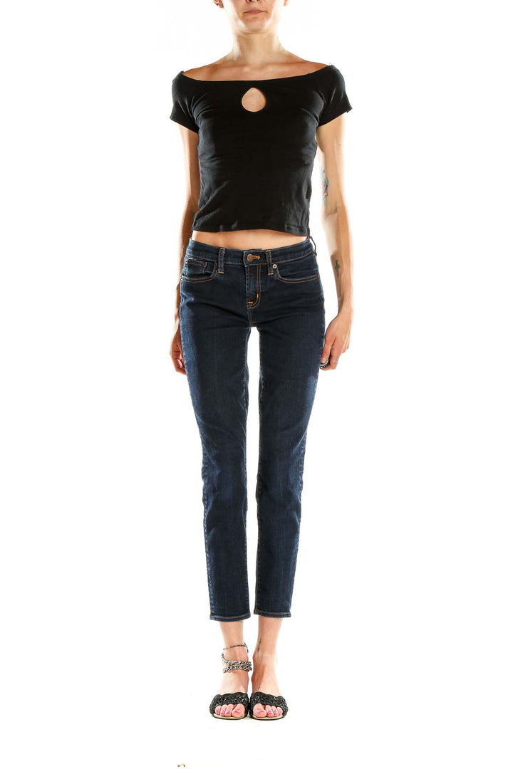 Front view of J.Crew dark blue slim fit cropped jeans on model