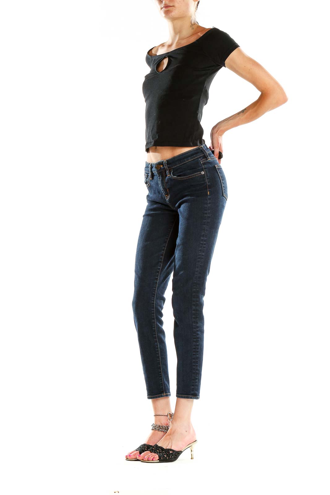 Front view of J.Crew dark blue slim fit cropped jeans on model