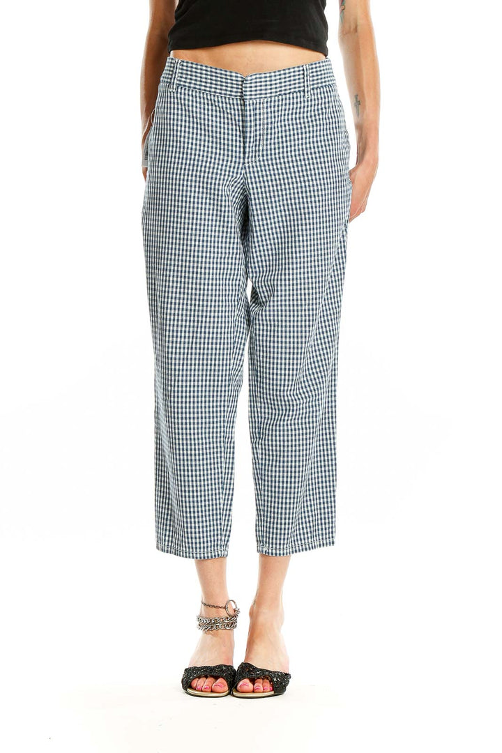 Front view of J.Crew blue and white gingham cropped pants