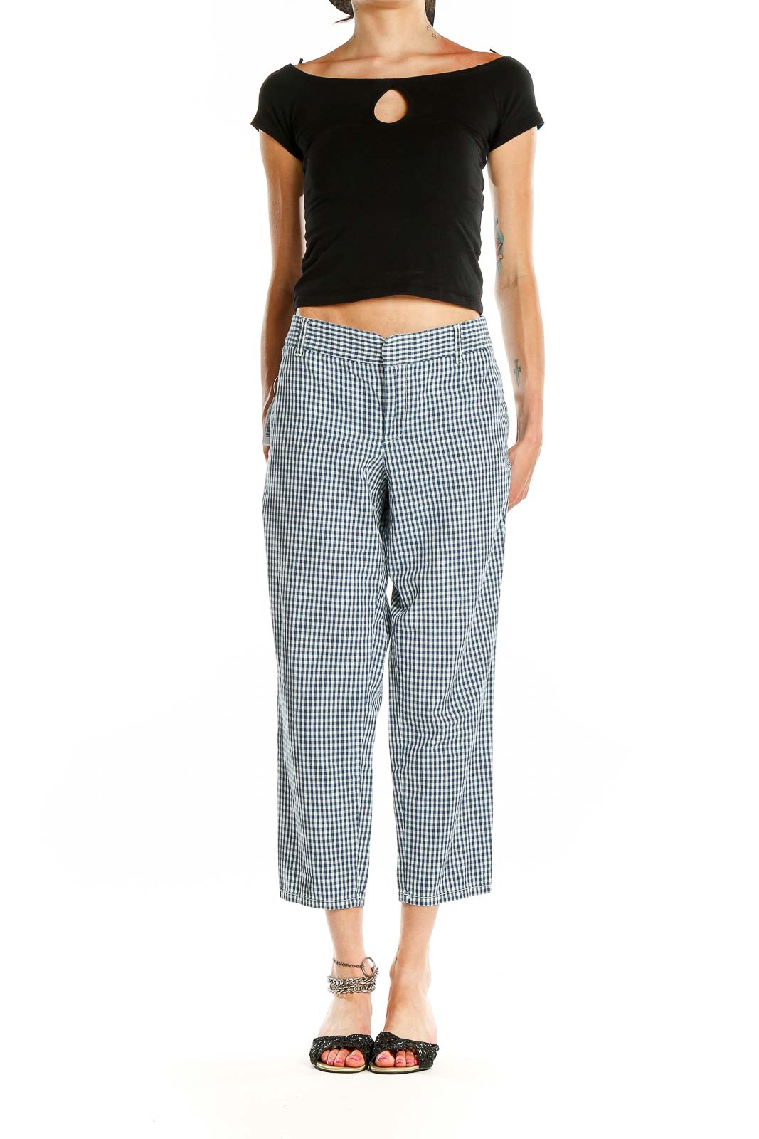 Front view of J.Crew blue and white gingham cropped pants