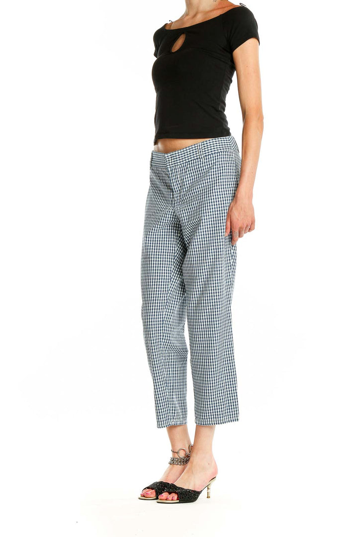 Front view of J.Crew blue and white gingham cropped pants