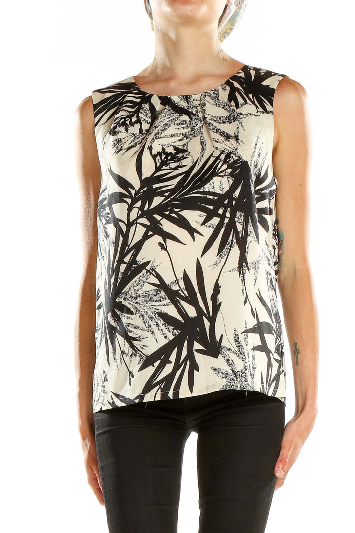 Beige Black Tropical Print Blouse