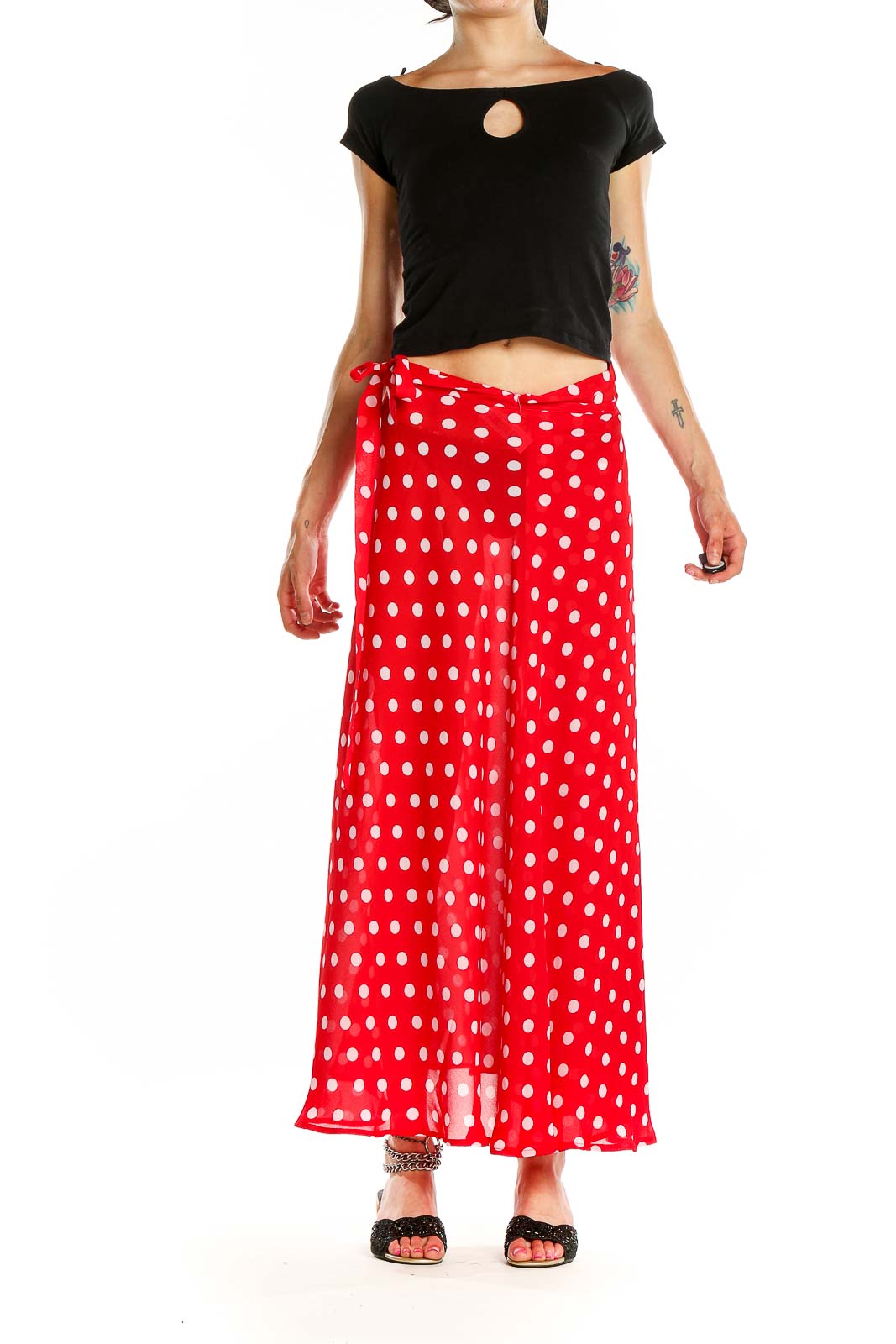 Red Polka Dot Flared Maxi Skirt