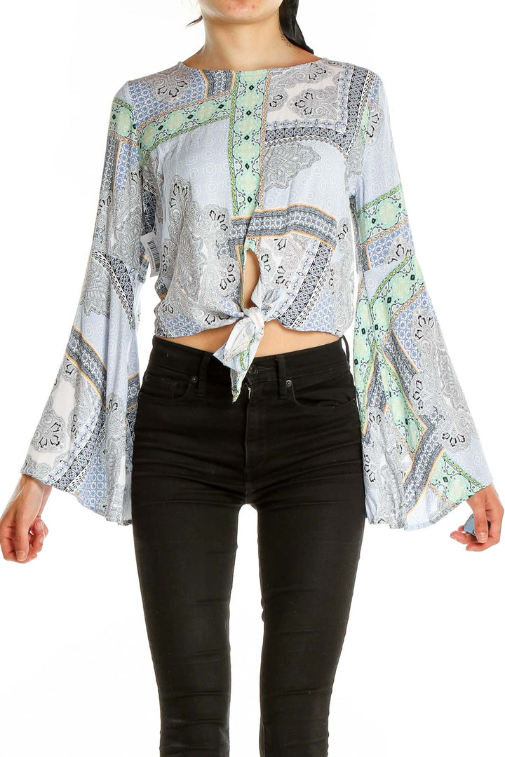 Blue Printed Bohemian Bell Sleeve Top