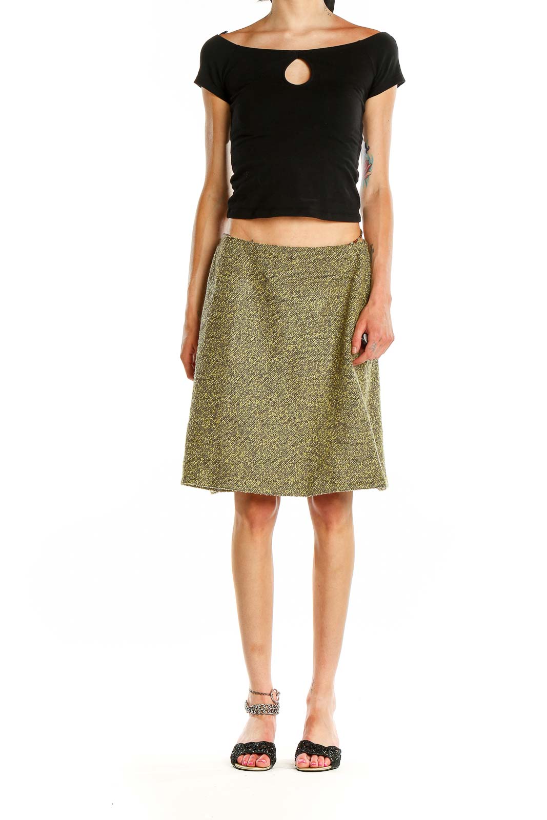 Green Textured Work A-Line Skirt