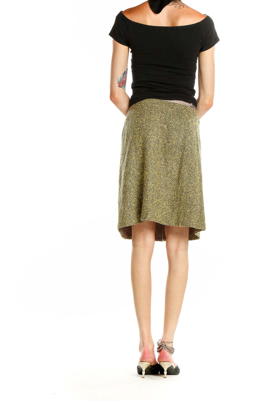 Green Textured Work A-Line Skirt