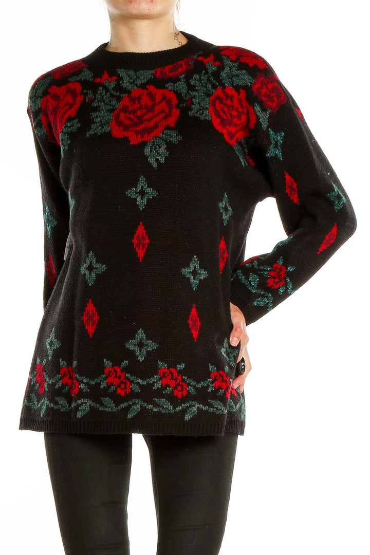 Black Rose Print Retro Sweater