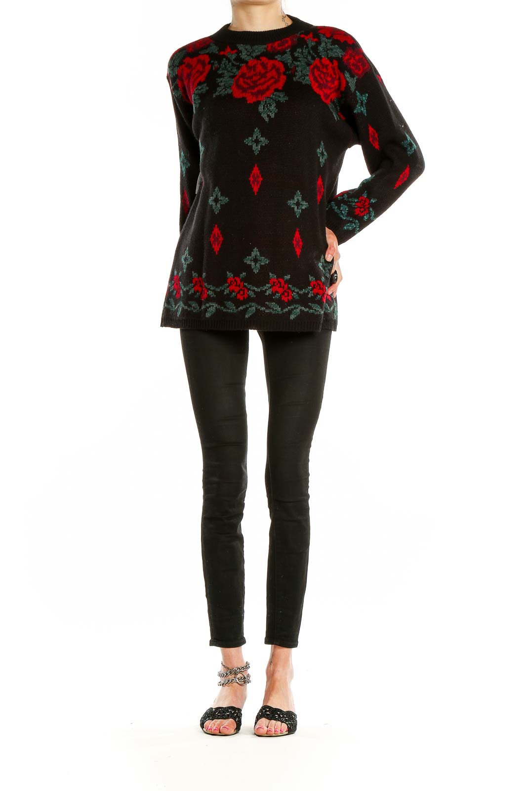 Black Rose Print Retro Sweater