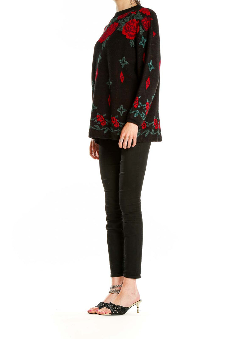 Black Rose Print Retro Sweater