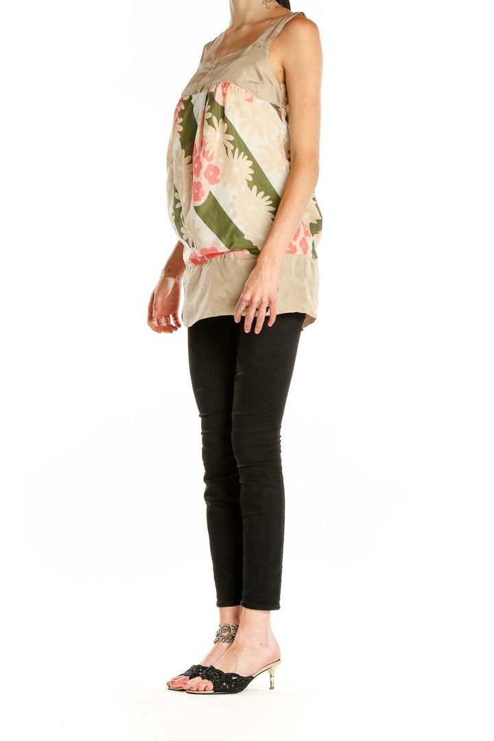 Beige Printed Silk Retro Blouse