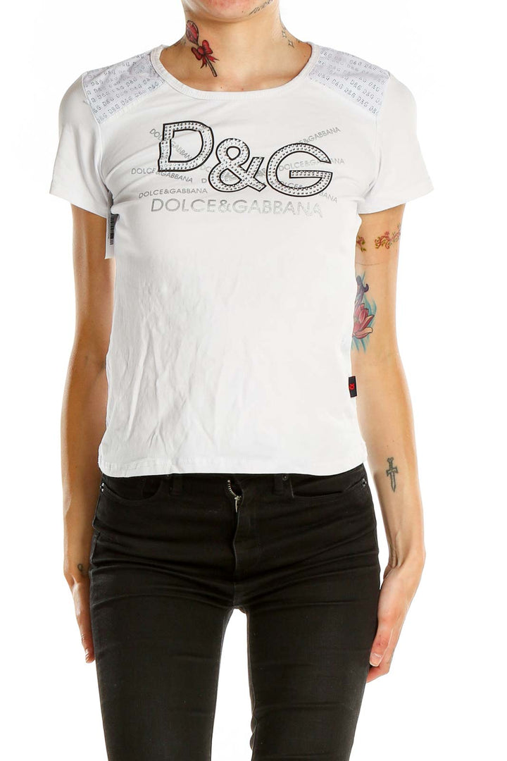 White Printed Bedazzled T-Shirt