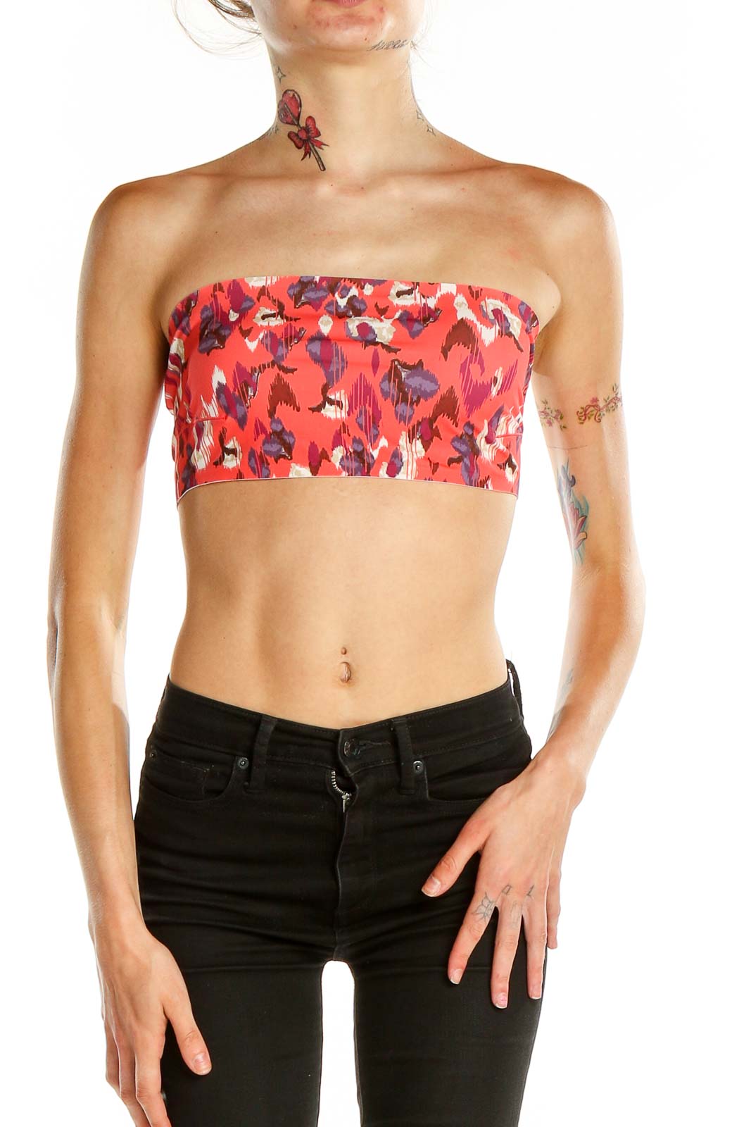 Front view of red floral strapless crop top from Free People