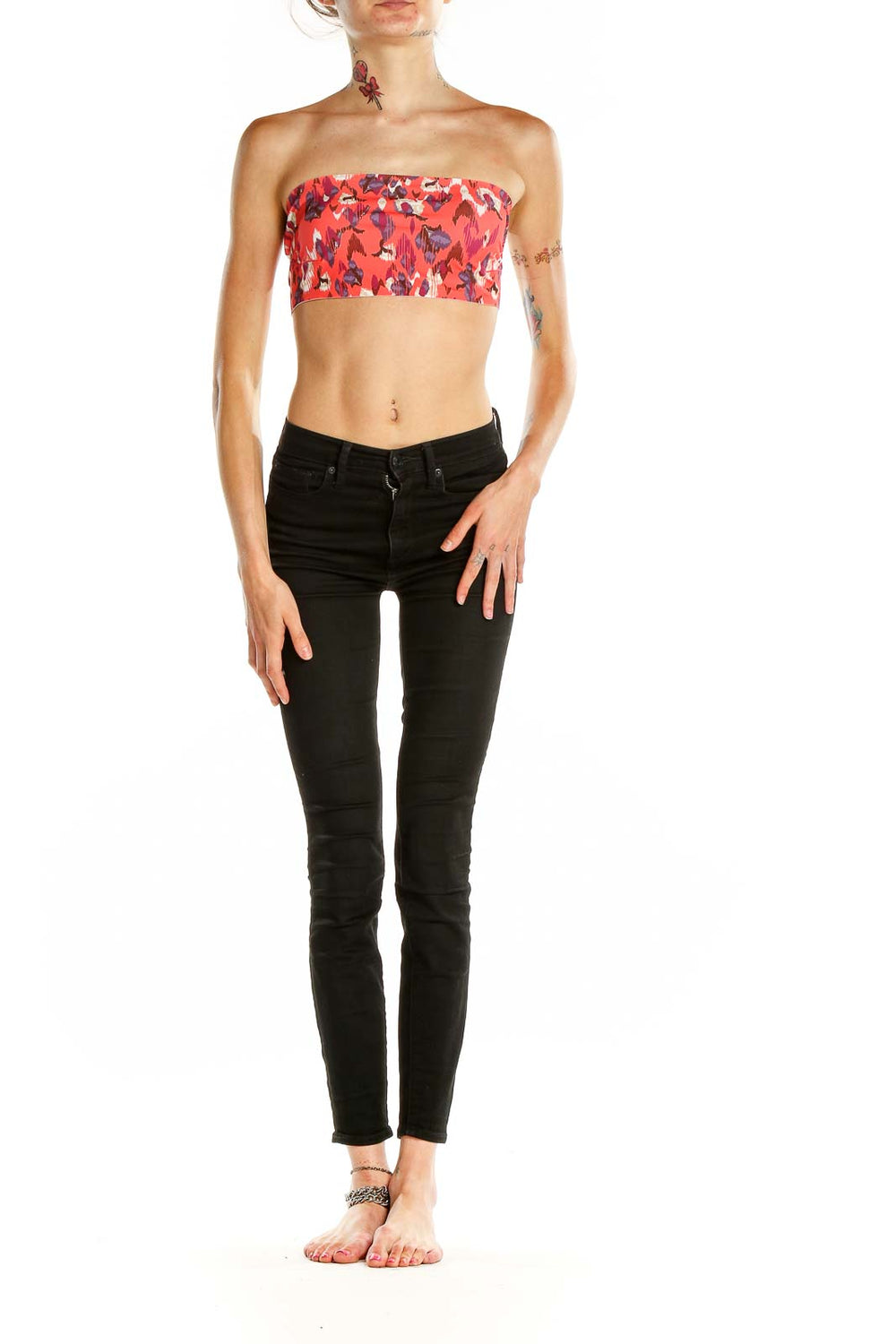 Front view of red floral strapless crop top from Free People