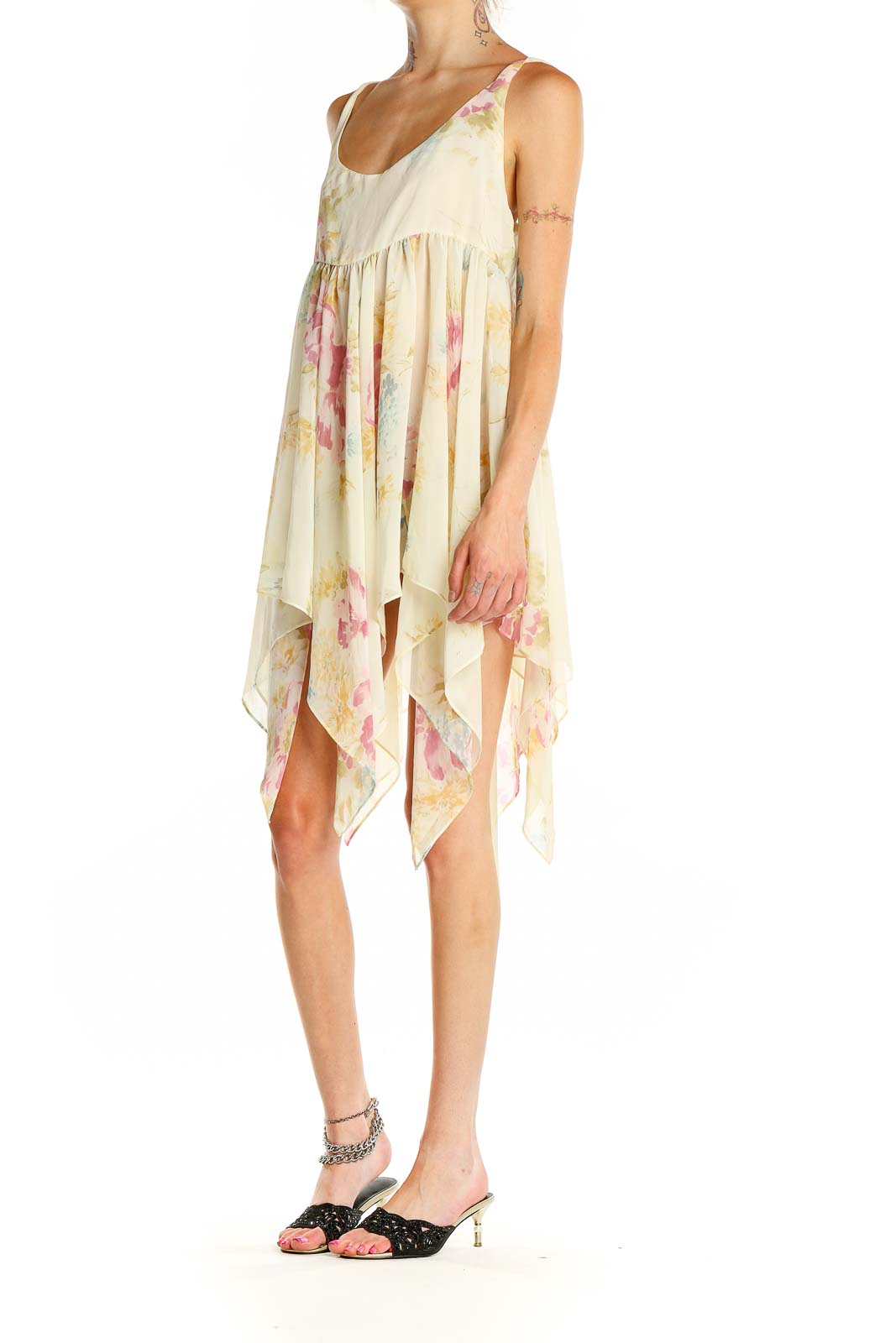 Beige Floral Print Vintage Slip Dress