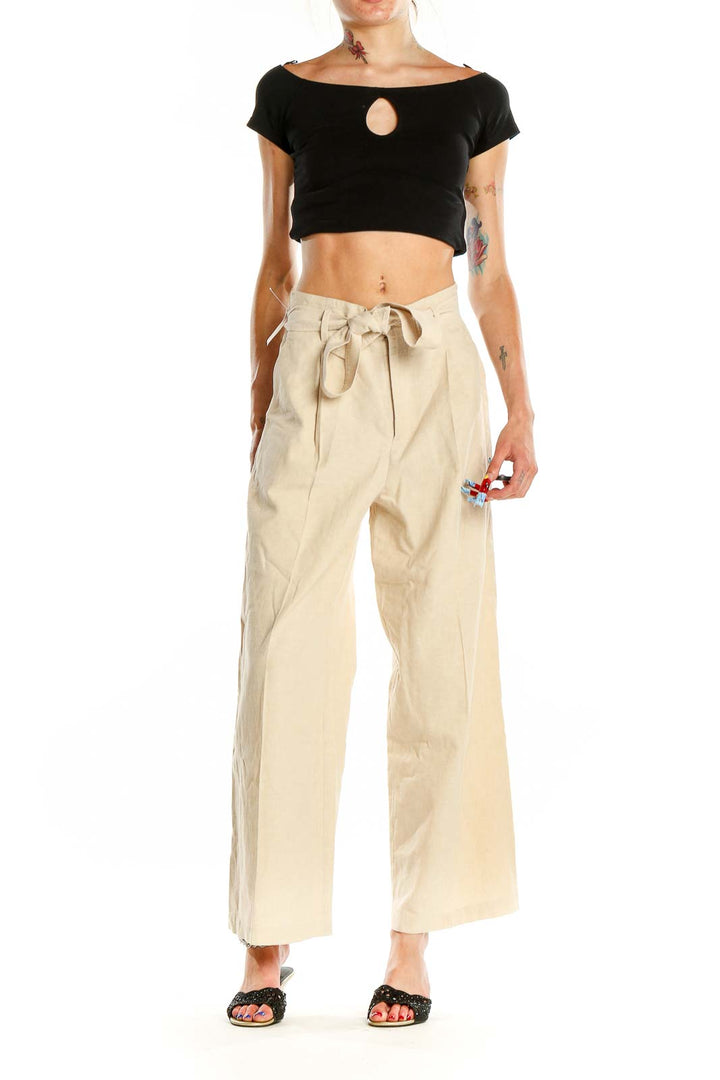 Beige Waist Tie Wide Leg Pants