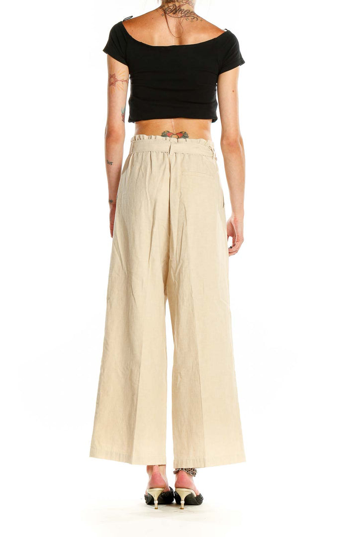 Beige Waist Tie Wide Leg Pants