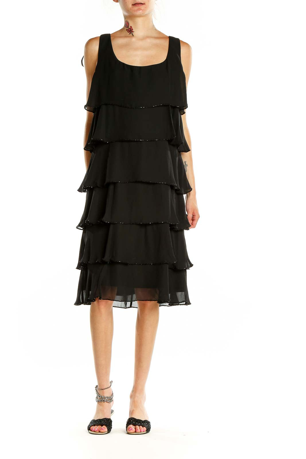 Front view of Patra black tiered chiffon cocktail dress with sequin trim