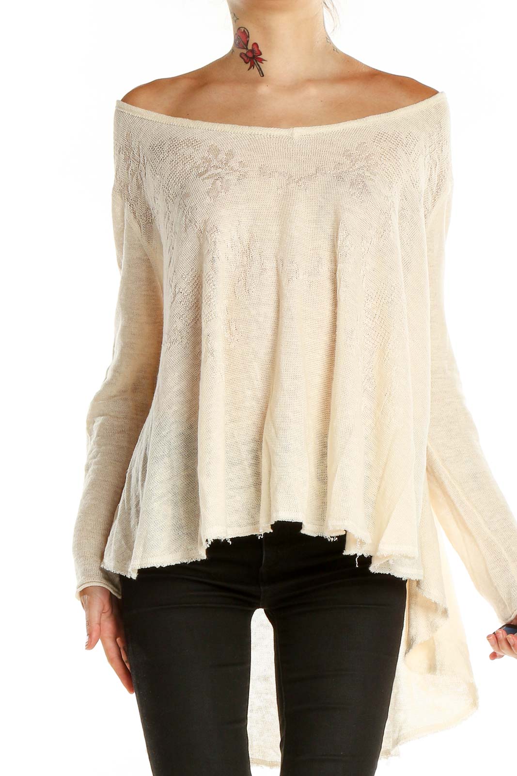 Front view of cream off-shoulder flowy knit top by Free People