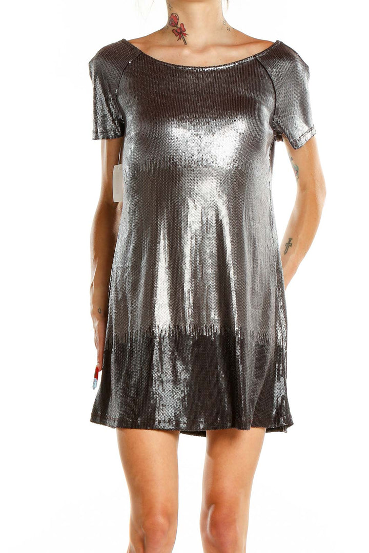 Front view of Free People silver sequin mini dress with short sleeves