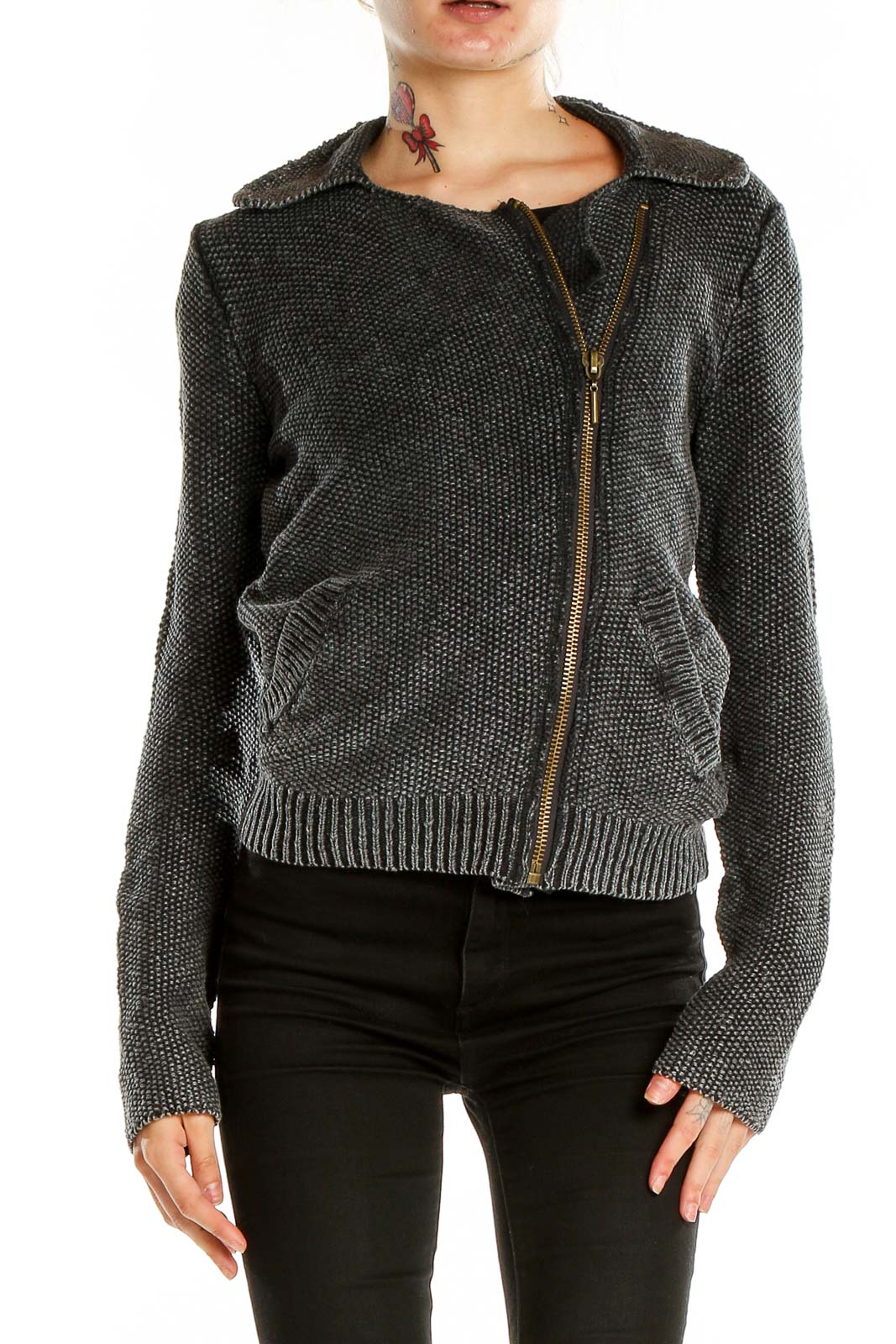 Front view of Free People gray knit moto-style sweater with asymmetrical zip