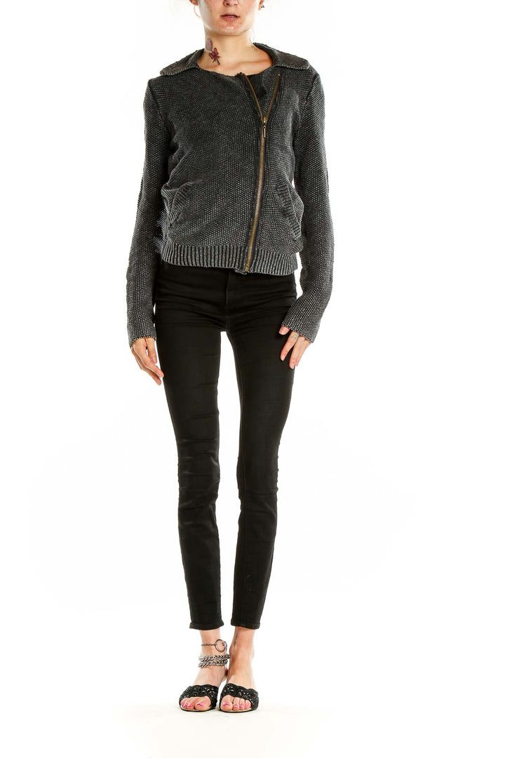 Front view of Free People gray knit moto-style sweater with asymmetrical zip